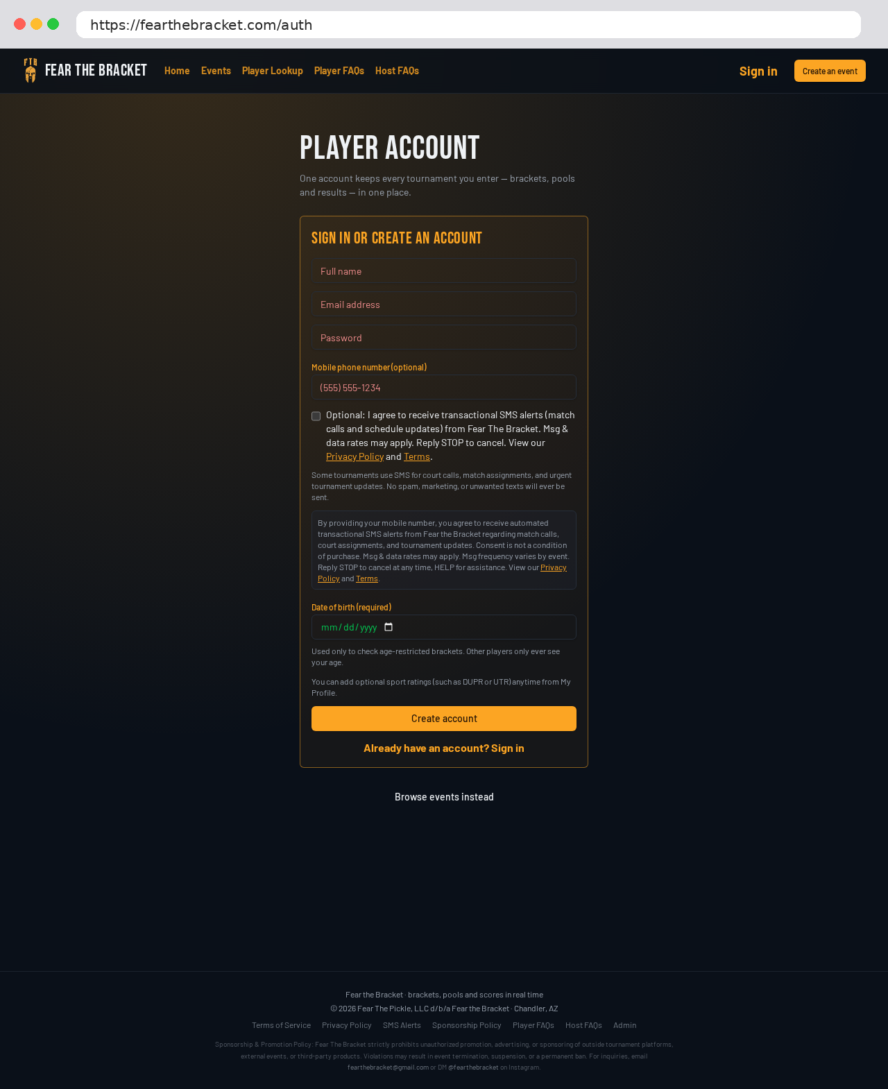 Full screenshot of the fearthebracket.com sign-up page with optional phone number, unchecked SMS opt-in checkbox and consent disclosure